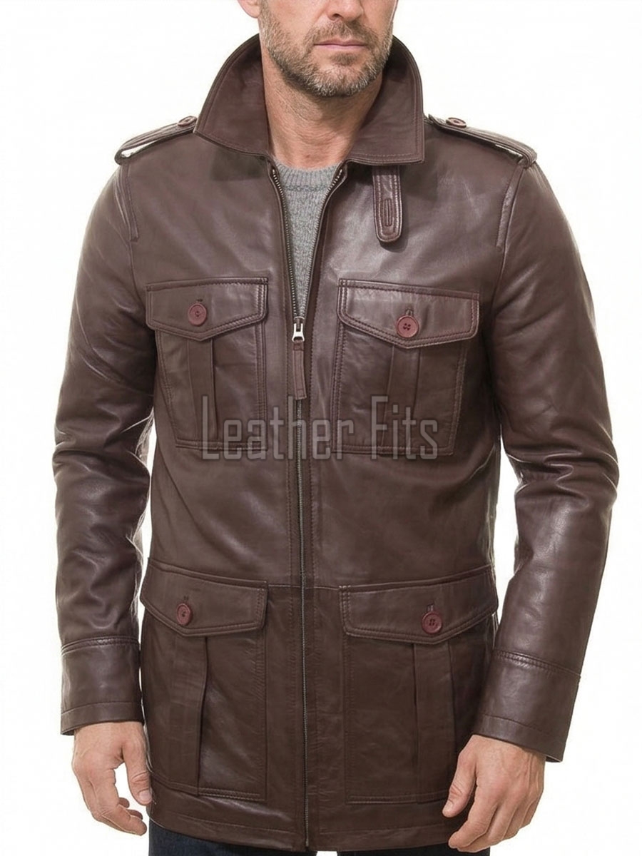 Men Mahogany Brown Leather Field Coat | Luxury Winter Military Cargo Parka | Premium Sheepskin Insulated Long Officer Car Overcoat