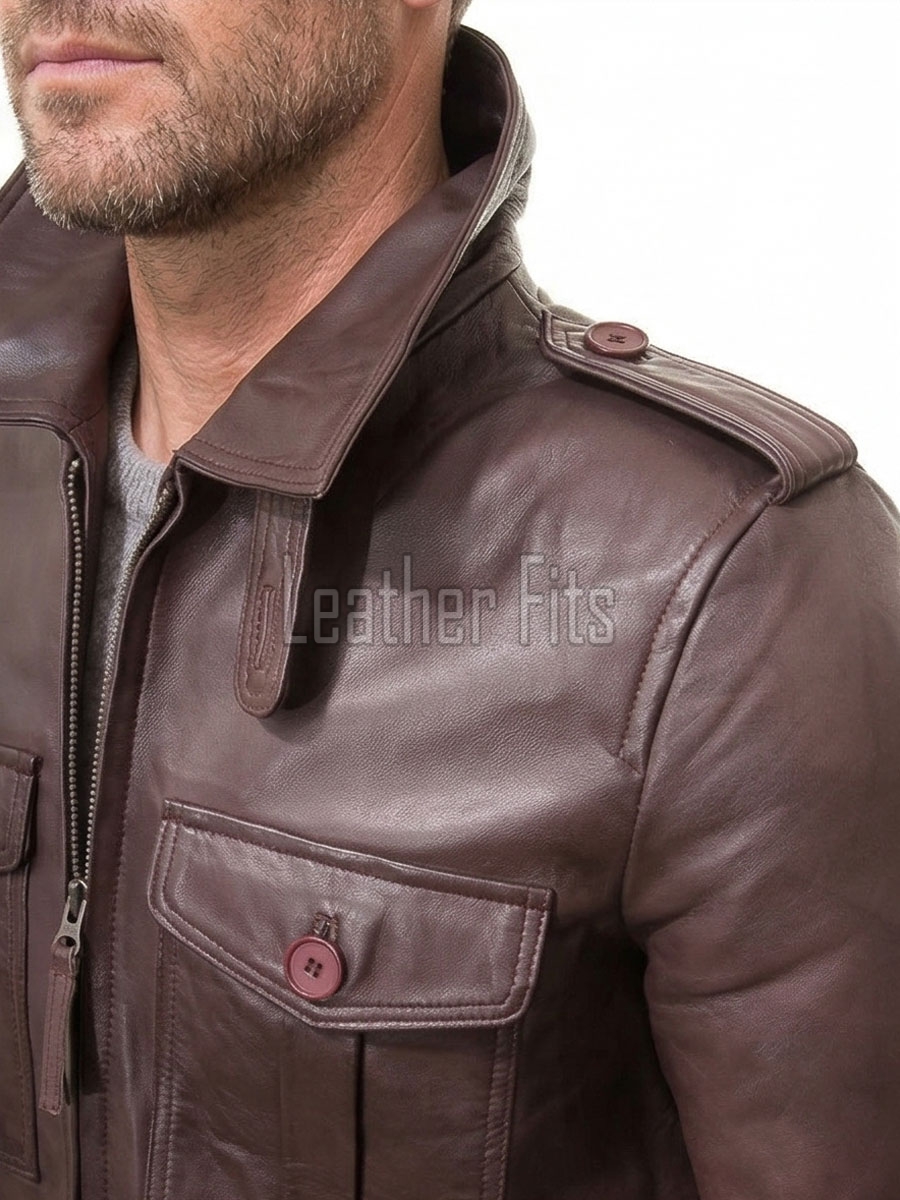 Men Mahogany Brown Leather Field Coat | Luxury Winter Military Cargo Parka | Premium Sheepskin Insulated Long Officer Car Overcoat