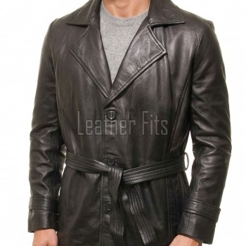 Men Onyx Black Leather Trench Coat | Luxury Winter Belted Duster Parka | Premium Lambskin Tailored Long Matrix Overcoat