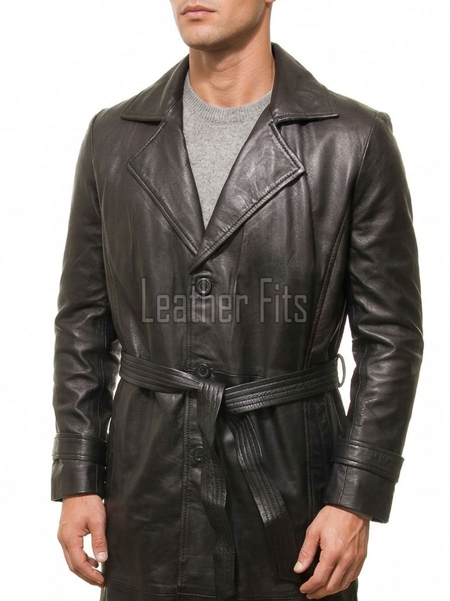Men Onyx Black Leather Trench Coat | Luxury Winter Belted Duster Parka | Premium Lambskin Tailored Long Matrix Overcoat