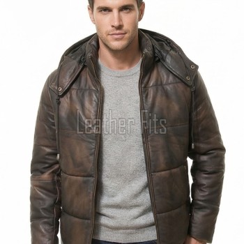 Men Antique Espresso Leather Puffer Coat | Luxury Winter Insulated Hooded Parka | Premium Distressed Lambskin Heavy Car Jacket
