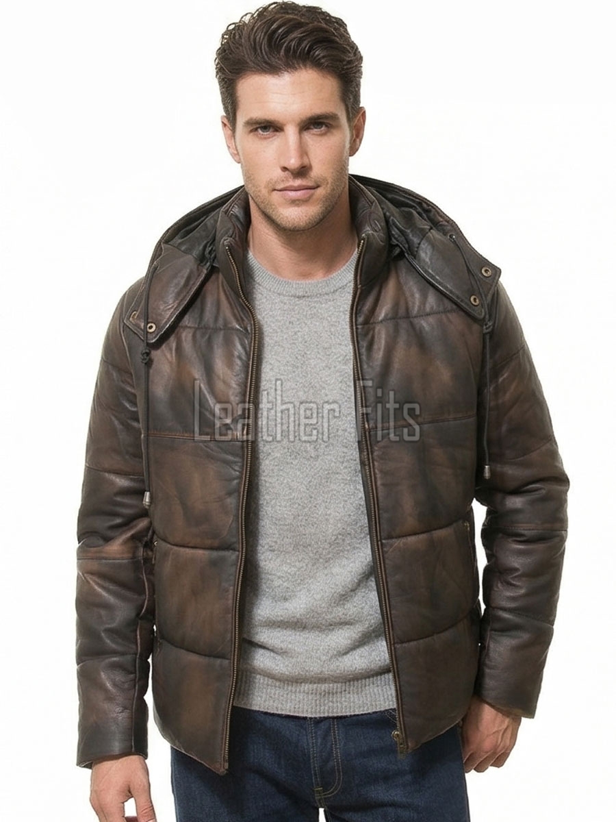 Men Antique Espresso Leather Puffer Coat | Luxury Winter Insulated Hooded Parka | Premium Distressed Lambskin Heavy Car Jacket