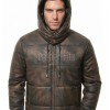 Men Antique Espresso Leather Puffer Coat | Luxury Winter Insulated Hooded Parka | Premium Distressed Lambskin Heavy Car Jacket