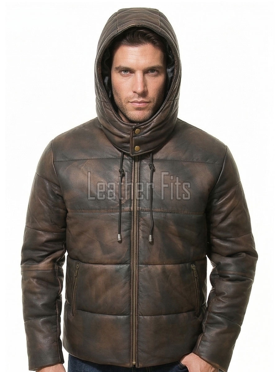 Men Antique Espresso Leather Puffer Coat | Luxury Winter Insulated Hooded Parka | Premium Distressed Lambskin Heavy Car Jacket