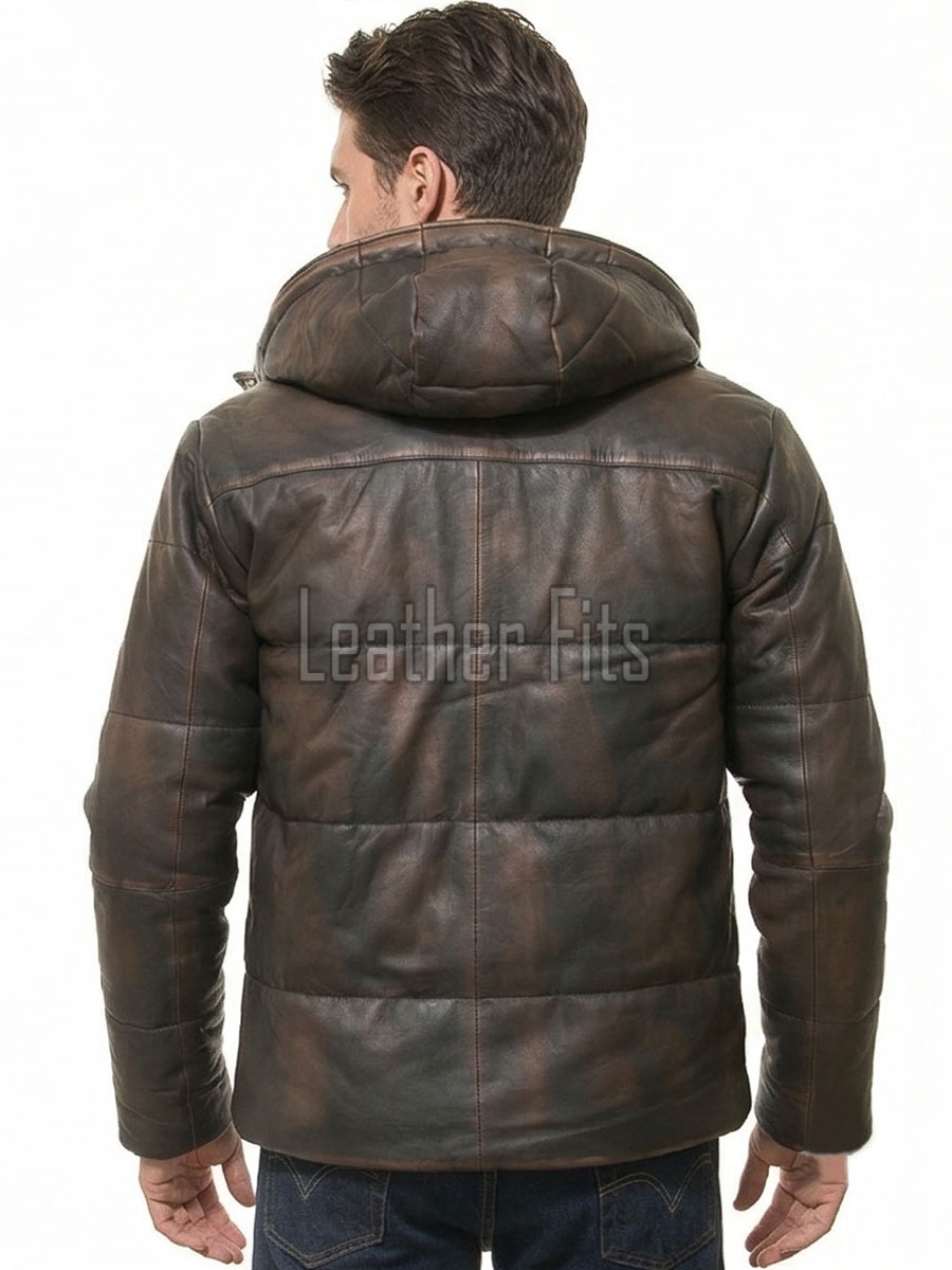 Men Antique Espresso Leather Puffer Coat | Luxury Winter Insulated Hooded Parka | Premium Distressed Lambskin Heavy Car Jacket