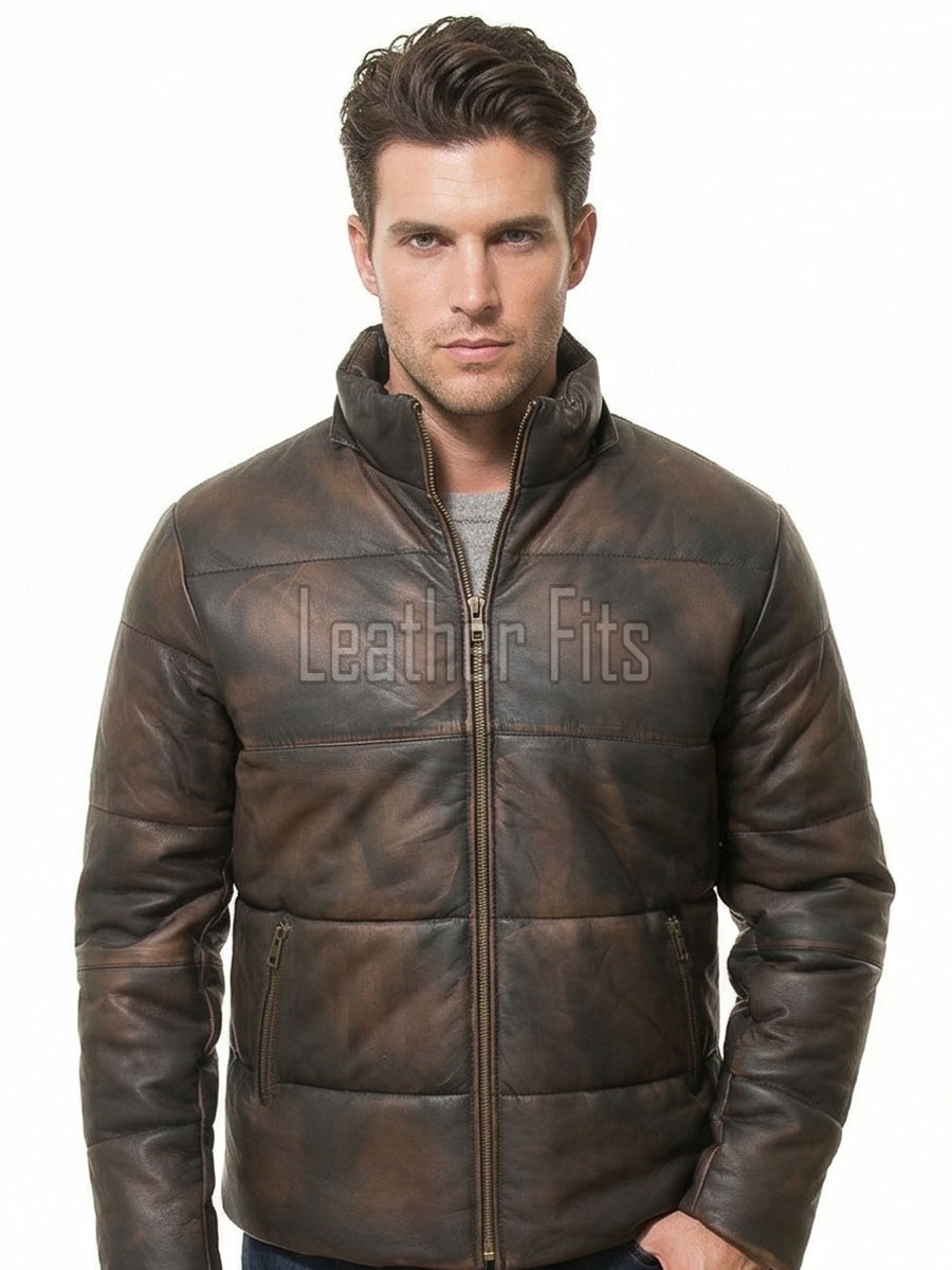 Men Antique Espresso Leather Puffer Coat | Luxury Winter Insulated Hooded Parka | Premium Distressed Lambskin Heavy Car Jacket