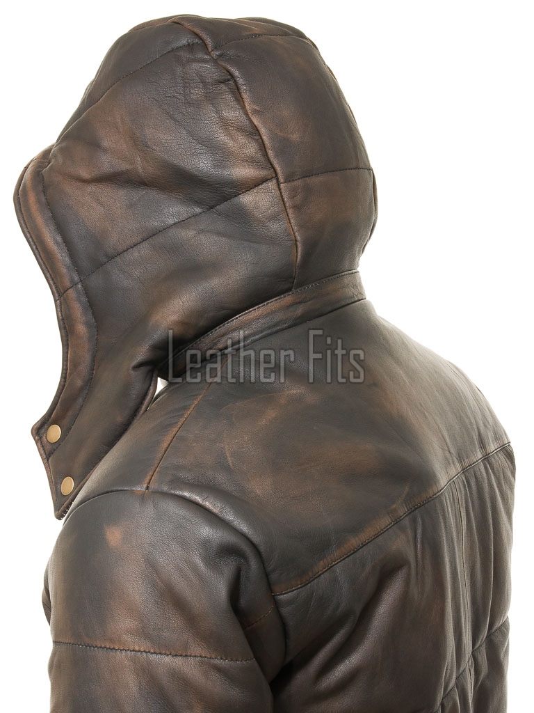 Men Antique Espresso Leather Puffer Coat | Luxury Winter Insulated Hooded Parka | Premium Distressed Lambskin Heavy Car Jacket