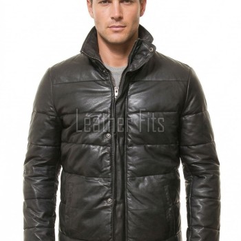 Men Obsidian Black Leather Puffer Coat | Luxury Winter Down Car Parka | Premium Quilted Lambskin Insulated Long Jacket