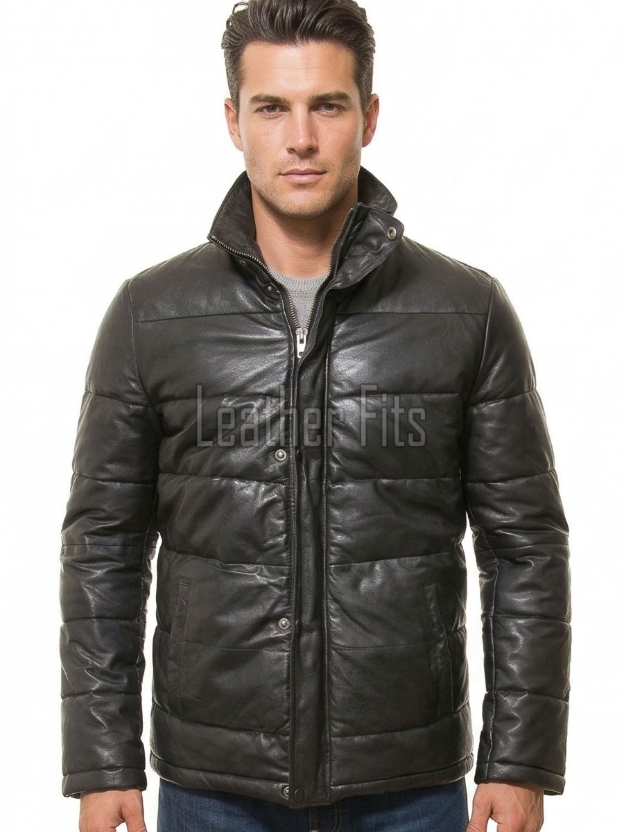 Men Obsidian Black Leather Puffer Coat | Luxury Winter Down Car Parka | Premium Quilted Lambskin Insulated Long Jacket