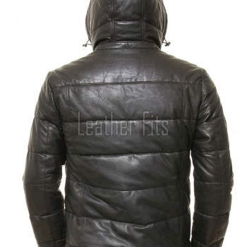 Men Obsidian Black Leather Puffer Coat | Luxury Winter Down Car Parka | Premium Quilted Lambskin Insulated Long Jacket