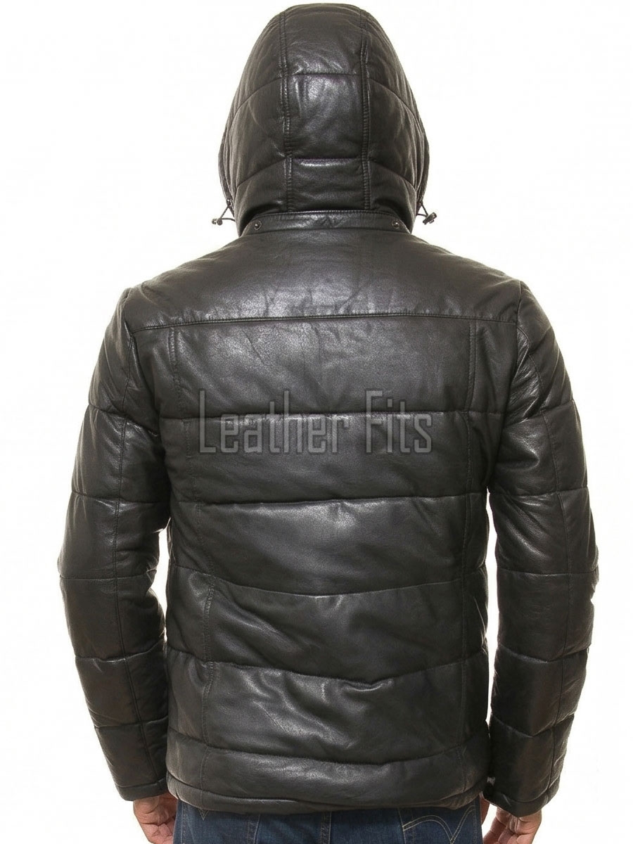 Men Obsidian Black Leather Puffer Coat | Luxury Winter Down Car Parka | Premium Quilted Lambskin Insulated Long Jacket