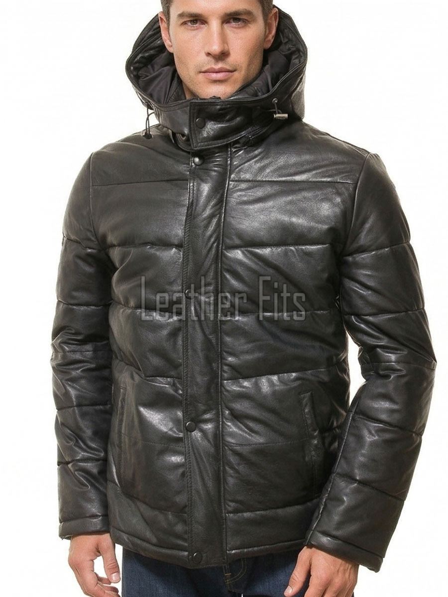 Men Obsidian Black Leather Puffer Coat | Luxury Winter Down Car Parka | Premium Quilted Lambskin Insulated Long Jacket