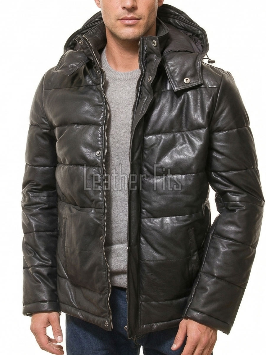 Men Obsidian Black Leather Puffer Coat | Luxury Winter Down Car Parka | Premium Quilted Lambskin Insulated Long Jacket