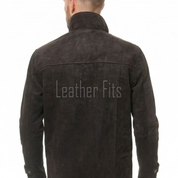 Men Dark Charcoal Suede Car Coat | Luxury Winter Matte Leather Overcoat | Premium Genuine Calfskin Tailored Minimalist Mid-Length Jacket