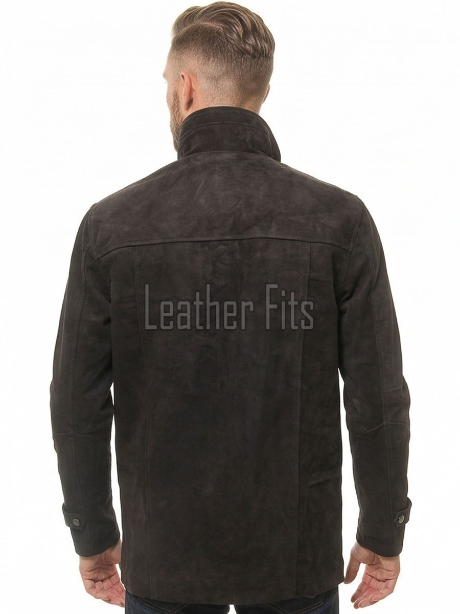 Men Dark Charcoal Suede Car Coat | Luxury Winter Matte Leather Overcoat | Premium Genuine Calfskin Tailored Minimalist Mid-Length Jacket