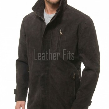 Men Dark Charcoal Suede Car Coat | Luxury Winter Matte Leather Overcoat | Premium Genuine Calfskin Tailored Minimalist Mid-Length Jacket