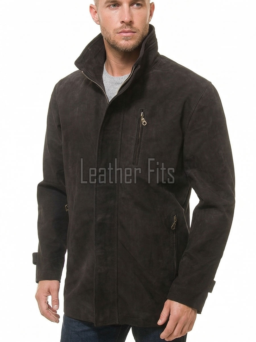 Men Dark Charcoal Suede Car Coat | Luxury Winter Matte Leather Overcoat | Premium Genuine Calfskin Tailored Minimalist Mid-Length Jacket