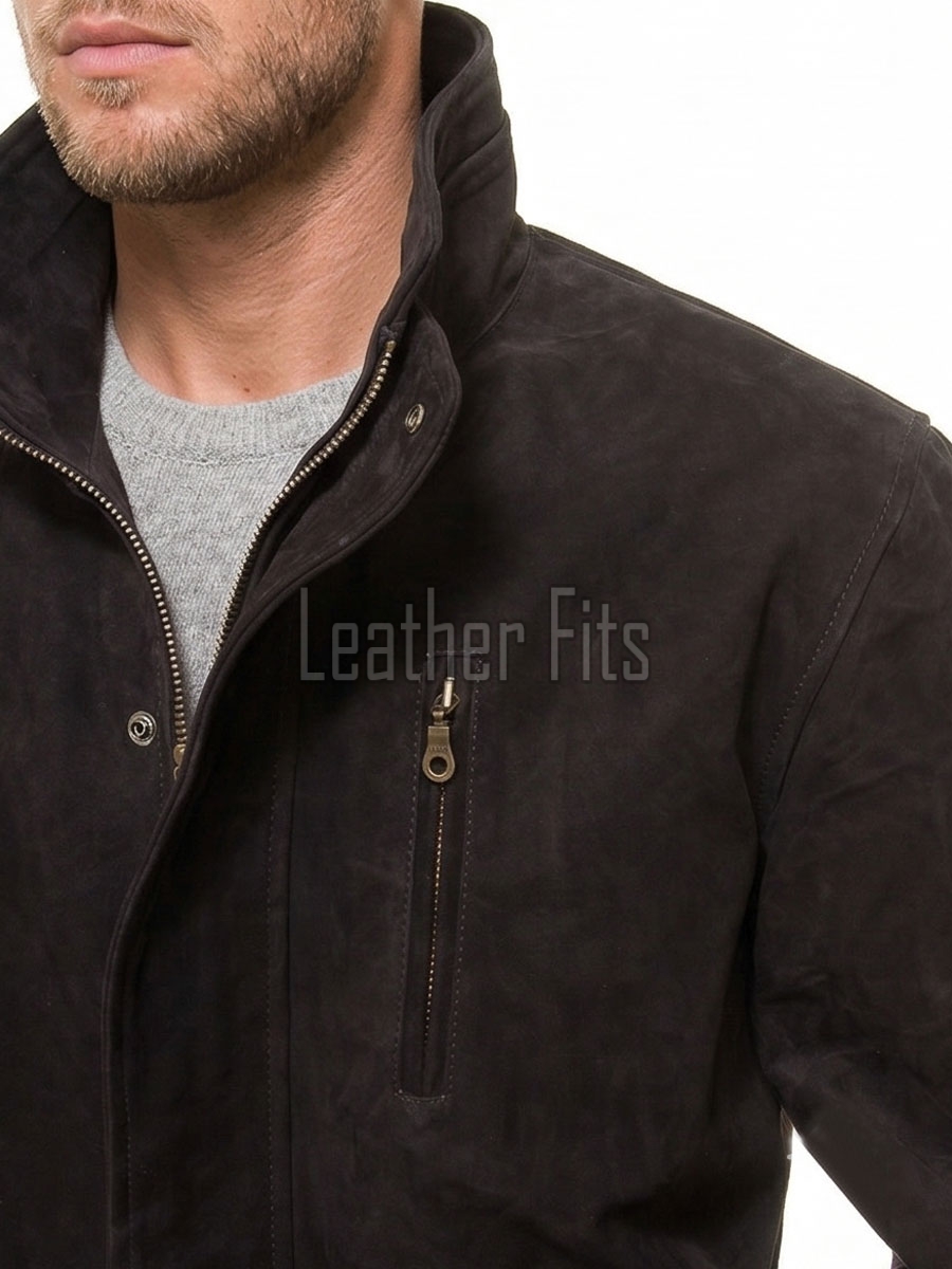 Men Dark Charcoal Suede Car Coat | Luxury Winter Matte Leather Overcoat | Premium Genuine Calfskin Tailored Minimalist Mid-Length Jacket