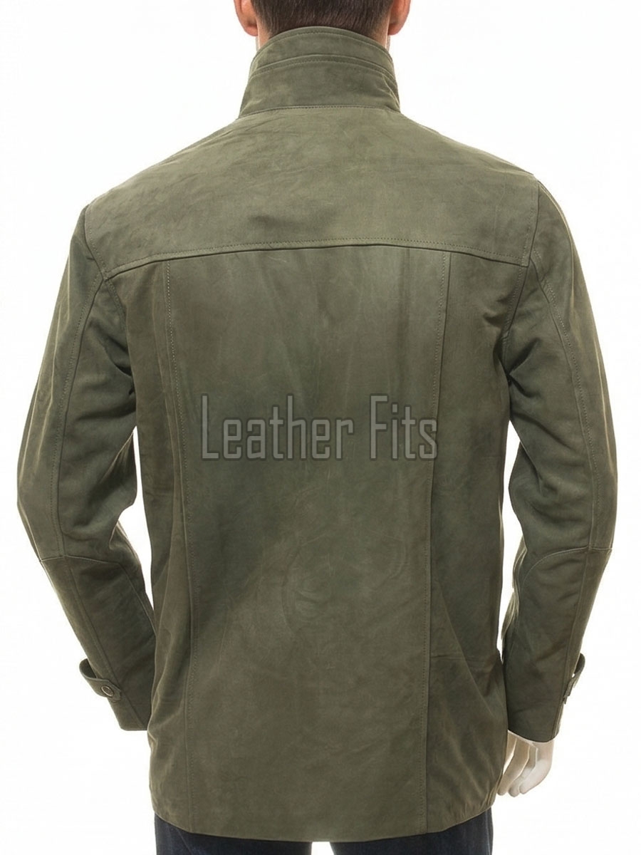 Men Olive Green Nubuck Car Coat | Luxury Winter Matte Leather Overcoat | Premium Genuine Sheepskin Tailored Minimalist Mid-Length Jacket