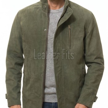 Men Olive Green Nubuck Car Coat | Luxury Winter Matte Leather Overcoat | Premium Genuine Sheepskin Tailored Minimalist Mid-Length Jacket