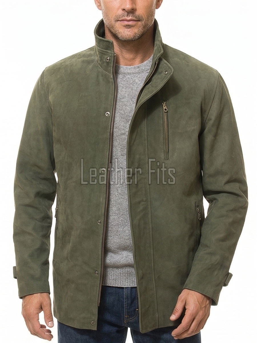 Men Olive Green Nubuck Car Coat | Luxury Winter Matte Leather Overcoat | Premium Genuine Sheepskin Tailored Minimalist Mid-Length Jacket