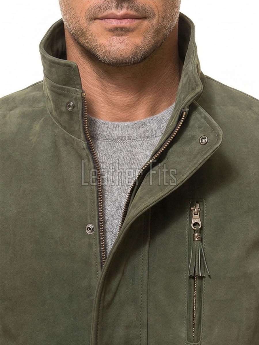 Men Olive Green Nubuck Car Coat | Luxury Winter Matte Leather Overcoat | Premium Genuine Sheepskin Tailored Minimalist Mid-Length Jacket