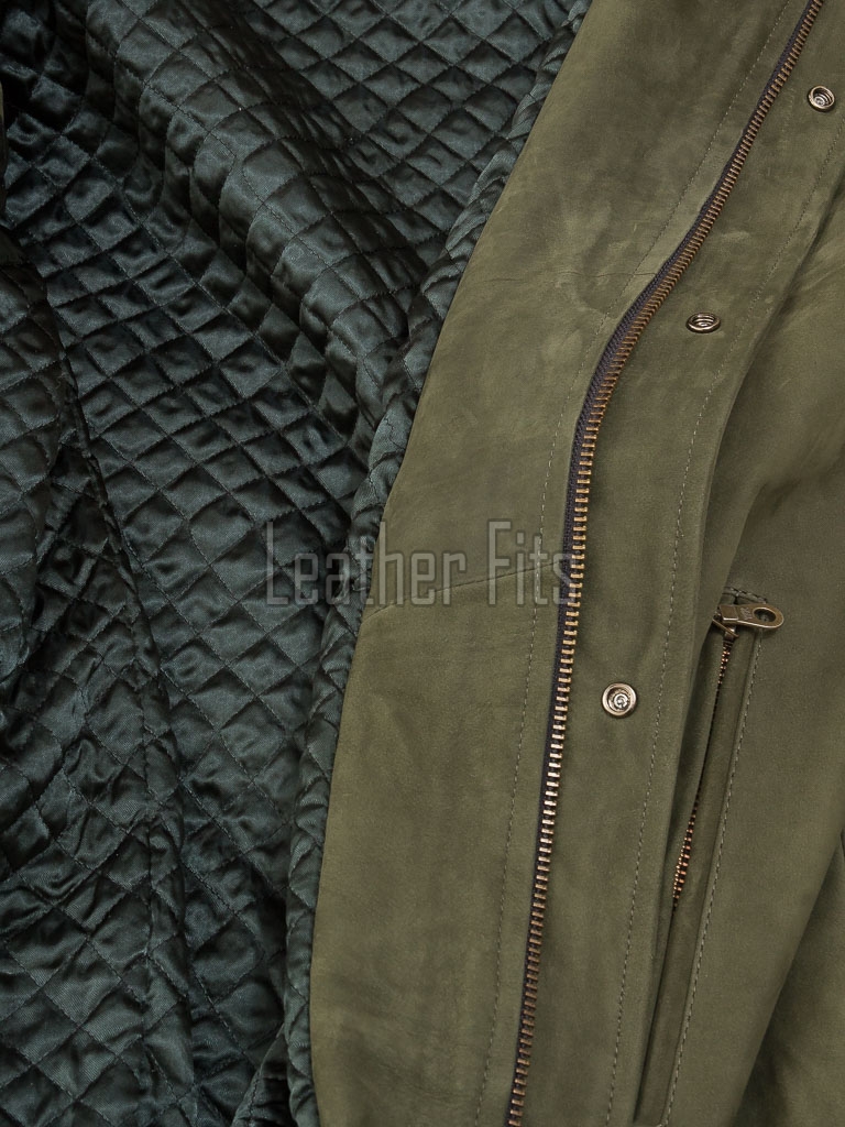 Men Olive Green Nubuck Car Coat | Luxury Winter Matte Leather Overcoat | Premium Genuine Sheepskin Tailored Minimalist Mid-Length Jacket