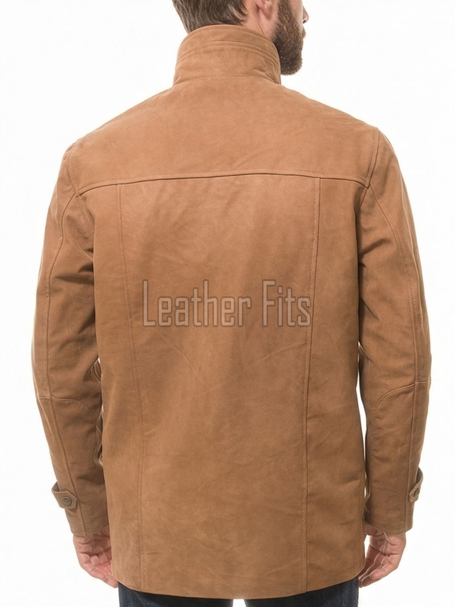 Men Cognac Tan Nubuck Leather Car Coat | Luxury Winter Matte Overcoat | Premium Genuine Sheepskin Tailored Mid-Length Suburban Jacket