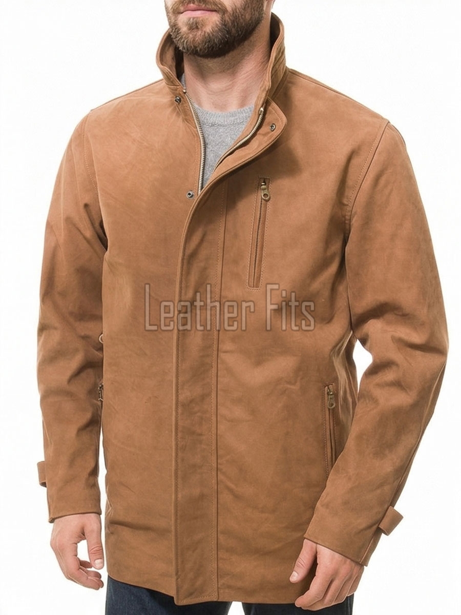 Men Cognac Tan Nubuck Leather Car Coat | Luxury Winter Matte Overcoat | Premium Genuine Sheepskin Tailored Mid-Length Suburban Jacket