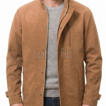 Men Cognac Tan Nubuck Leather Car Coat | Luxury Winter Matte Overcoat | Premium Genuine Sheepskin Tailored Mid-Length Suburban Jacket