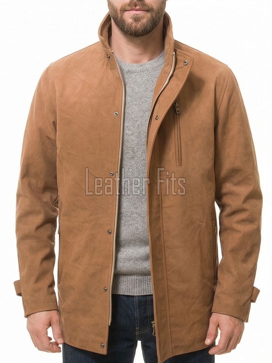 Men Cognac Tan Nubuck Leather Car Coat | Luxury Winter Matte Overcoat | Premium Genuine Sheepskin Tailored Mid-Length Suburban Jacket