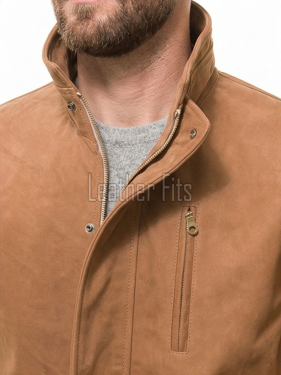 Men Cognac Tan Nubuck Leather Car Coat | Luxury Winter Matte Overcoat | Premium Genuine Sheepskin Tailored Mid-Length Suburban Jacket