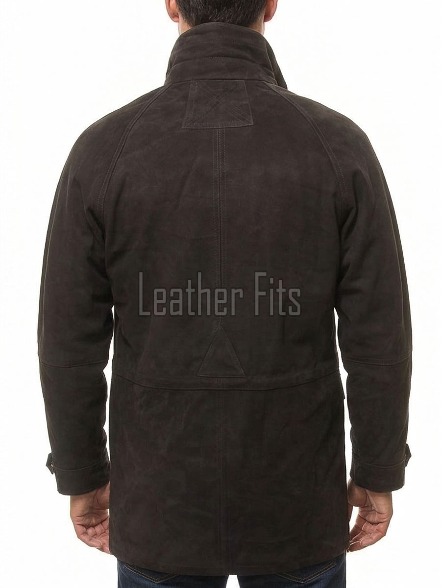 Men Dark Brown Suede Field Coat | Luxury Winter Contrast Trim Overcoat | Premium Genuine Lambskin Tailored Heavy Urban Parka Jacket