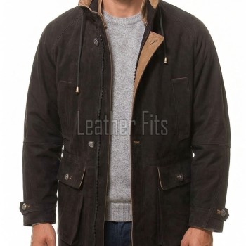 Men Dark Brown Suede Field Coat | Luxury Winter Contrast Trim Overcoat | Premium Genuine Lambskin Tailored Heavy Urban Parka Jacket