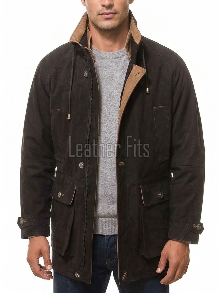 Men Dark Brown Suede Field Coat | Luxury Winter Contrast Trim Overcoat | Premium Genuine Lambskin Tailored Heavy Urban Parka Jacket