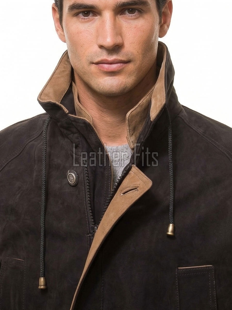 Men Dark Brown Suede Field Coat | Luxury Winter Contrast Trim Overcoat | Premium Genuine Lambskin Tailored Heavy Urban Parka Jacket