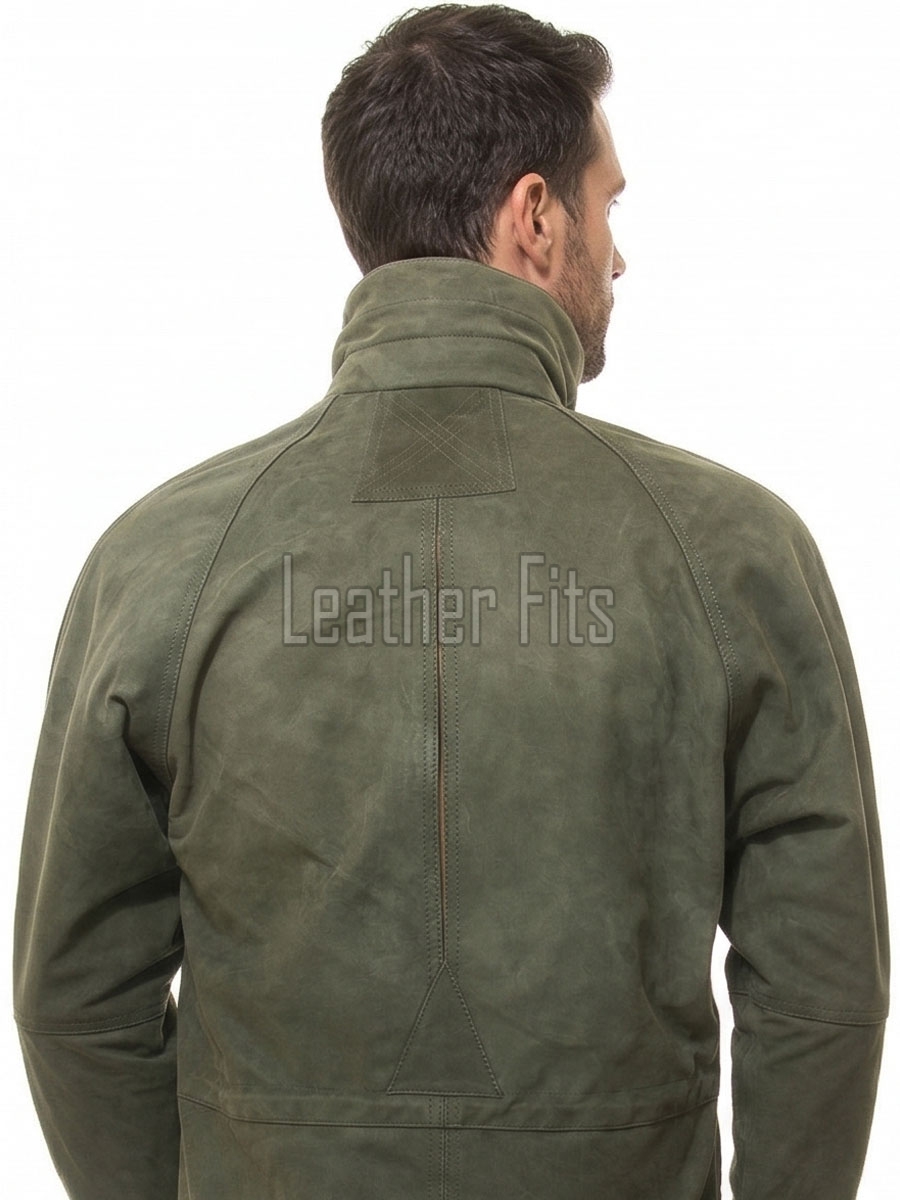Men Olive Green Suede Field Coat | Luxury Winter Contrast Trim Parka | Premium Genuine Lambskin Tailored Longline Heavy Outerwear Jacket