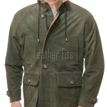 Men Olive Green Suede Field Coat | Luxury Winter Contrast Trim Parka | Premium Genuine Lambskin Tailored Longline Heavy Outerwear Jacket