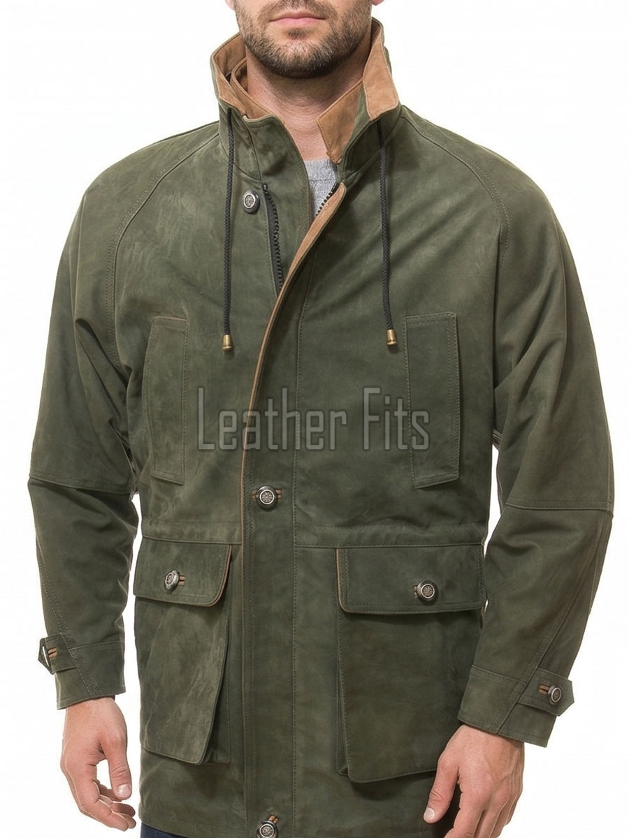 Men Olive Green Suede Field Coat | Luxury Winter Contrast Trim Parka | Premium Genuine Lambskin Tailored Longline Heavy Outerwear Jacket