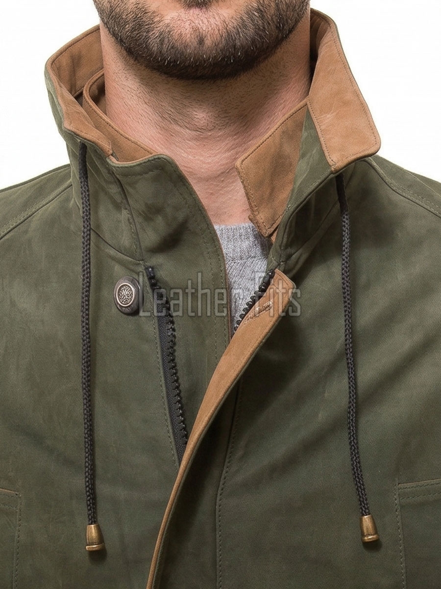 Men Olive Green Suede Field Coat | Luxury Winter Contrast Trim Parka | Premium Genuine Lambskin Tailored Longline Heavy Outerwear Jacket