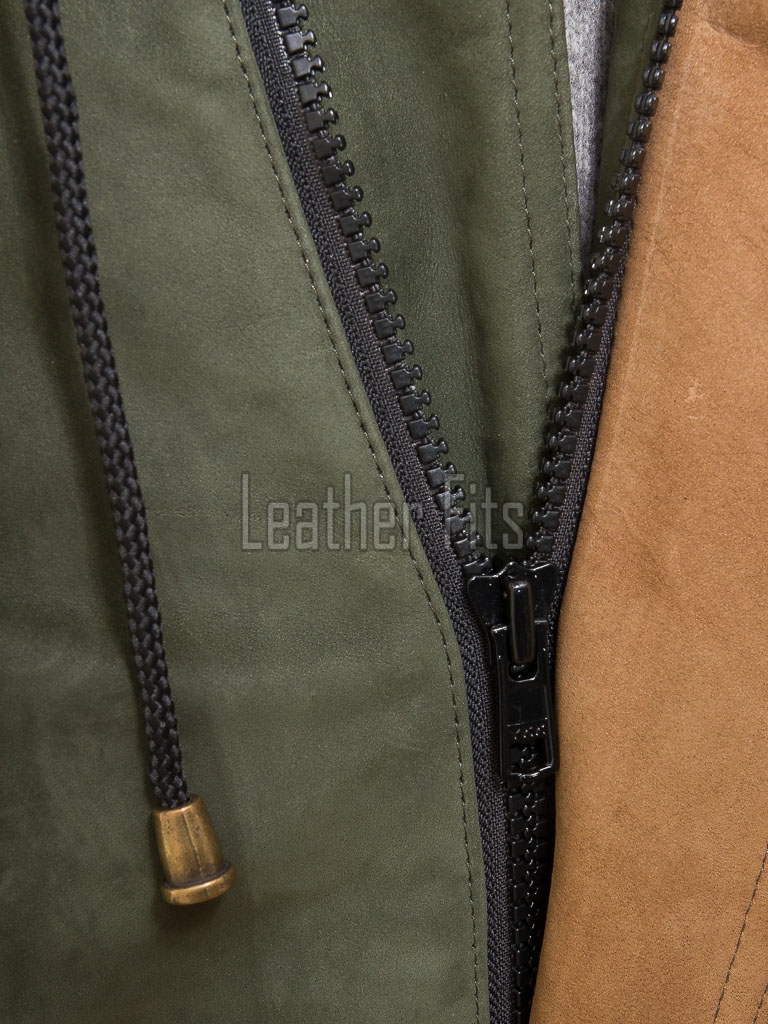 Men Olive Green Suede Field Coat | Luxury Winter Contrast Trim Parka | Premium Genuine Lambskin Tailored Longline Heavy Outerwear Jacket