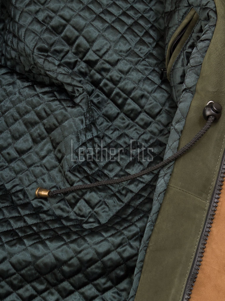 Men Olive Green Suede Field Coat | Luxury Winter Contrast Trim Parka | Premium Genuine Lambskin Tailored Longline Heavy Outerwear Jacket