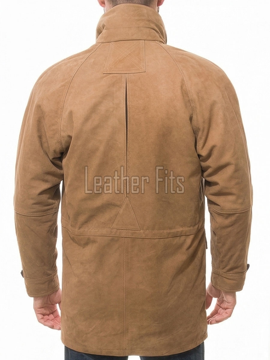 Men Tobacco Suede Raglan Field Coat | Luxury Winter Contrast Trim Parka | Premium Genuine Lambskin Tailored Longline Heavy Jacket