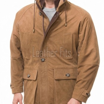 Men Tobacco Suede Raglan Field Coat | Luxury Winter Contrast Trim Parka | Premium Genuine Lambskin Tailored Longline Heavy Jacket