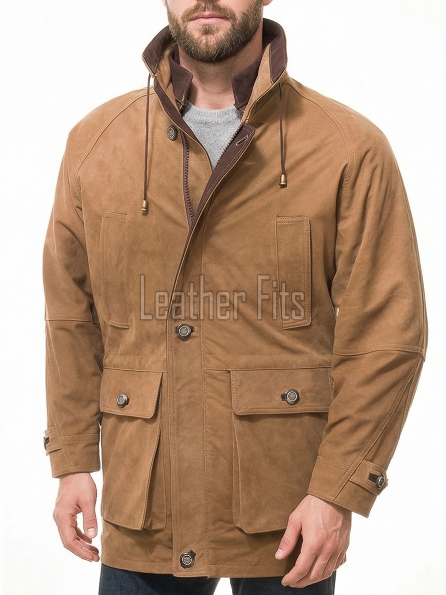 Men Tobacco Suede Raglan Field Coat | Luxury Winter Contrast Trim Parka | Premium Genuine Lambskin Tailored Longline Heavy Jacket