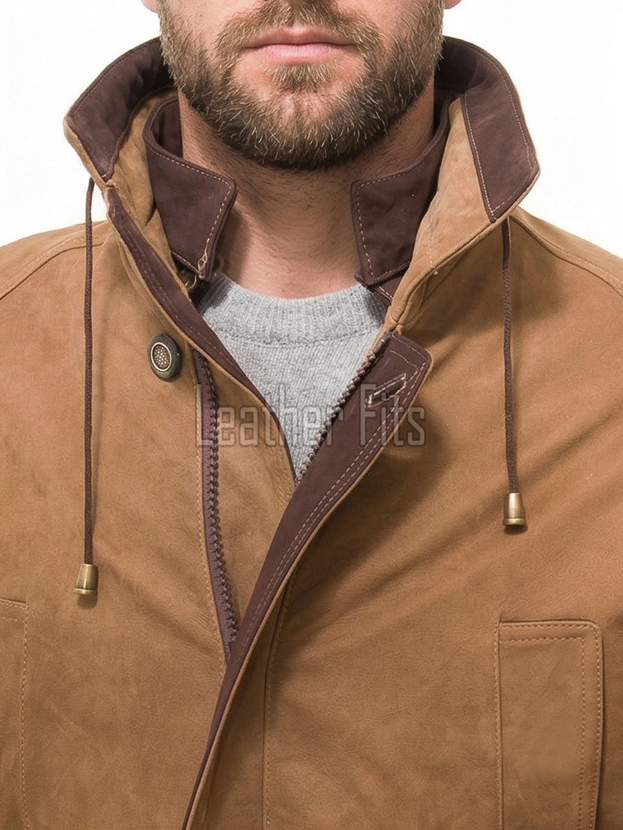 Men Tobacco Suede Raglan Field Coat | Luxury Winter Contrast Trim Parka | Premium Genuine Lambskin Tailored Longline Heavy Jacket