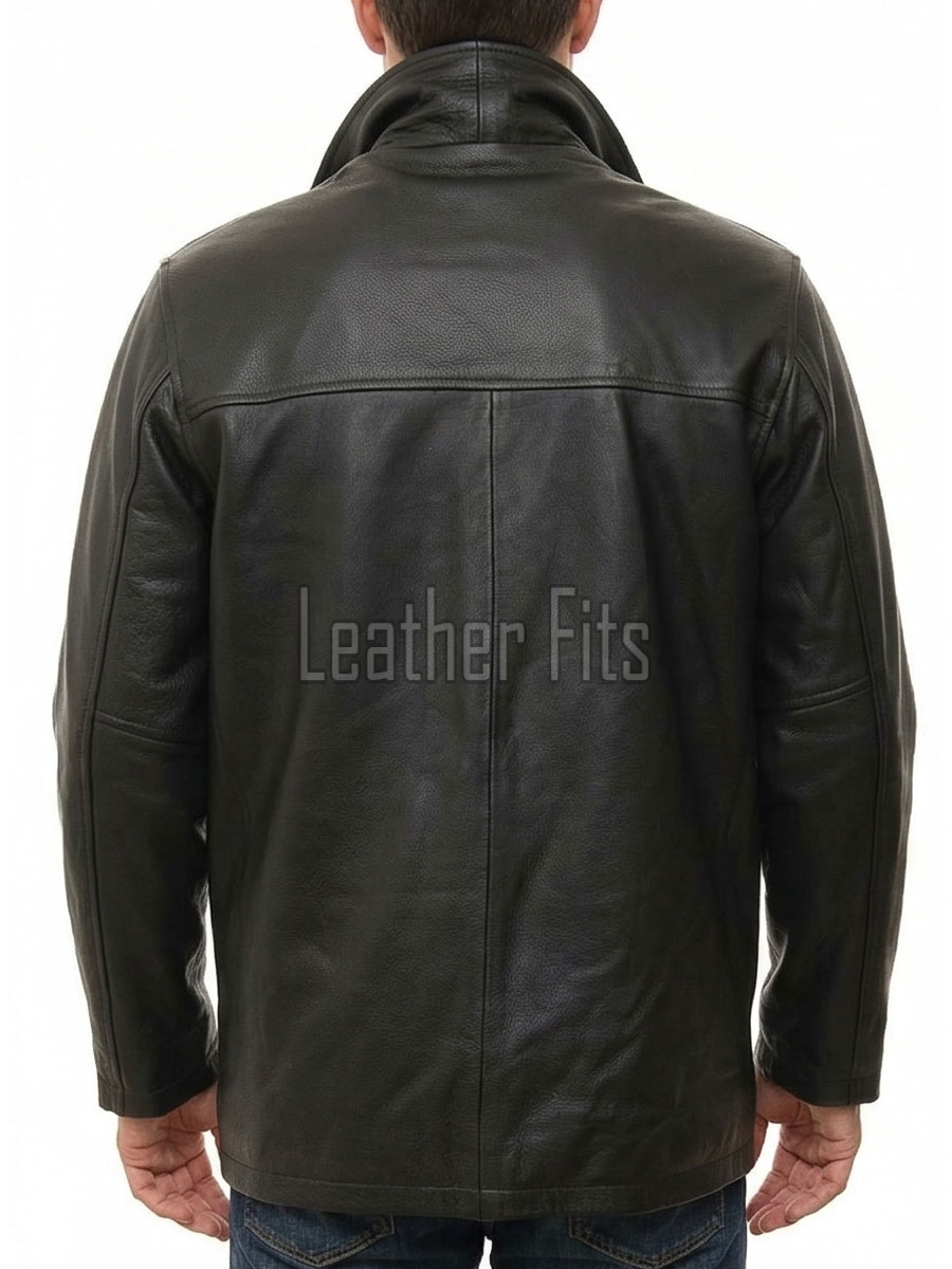Men Minimalist Black Leather Car Coat | Premium Midnight Lambskin Button Front Duster | Luxury Winter Smooth Grain Urban Overcoat