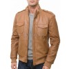 Men Tan Brown Premium Genuine Leather Bomber Jacket - Rib Knit Trim Slim Fit Real Sheepskin Central Zip Flap Chest Pocket for Men