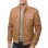 Men Tan Brown Premium Genuine Leather Bomber Jacket - Rib Knit Trim Slim Fit Real Sheepskin Central Zip Flap Chest Pocket for Men