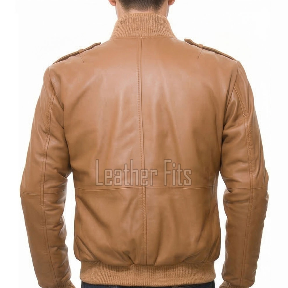 Men Tan Brown Premium Genuine Leather Bomber Jacket - Rib Knit Trim Slim Fit Real Sheepskin Central Zip Flap Chest Pocket for Men